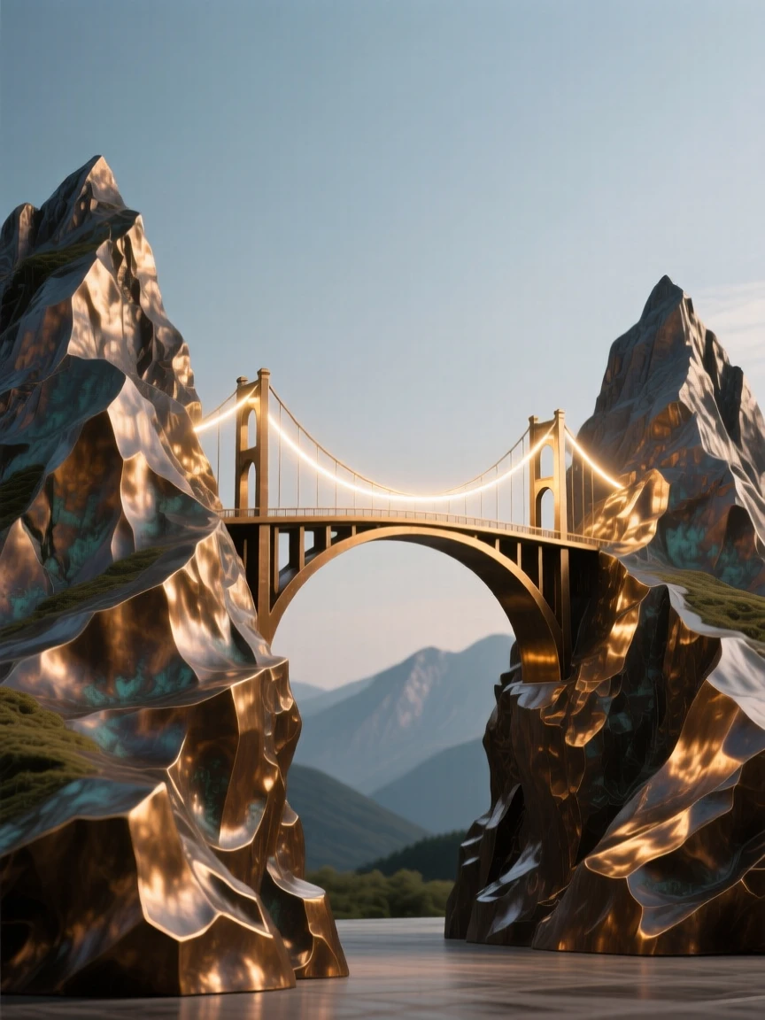 A bridge of light connecting two distant mountain peaks, symbolizing connection, composed with striking clarity and a strong central focal point, evoking deep emotional resonance