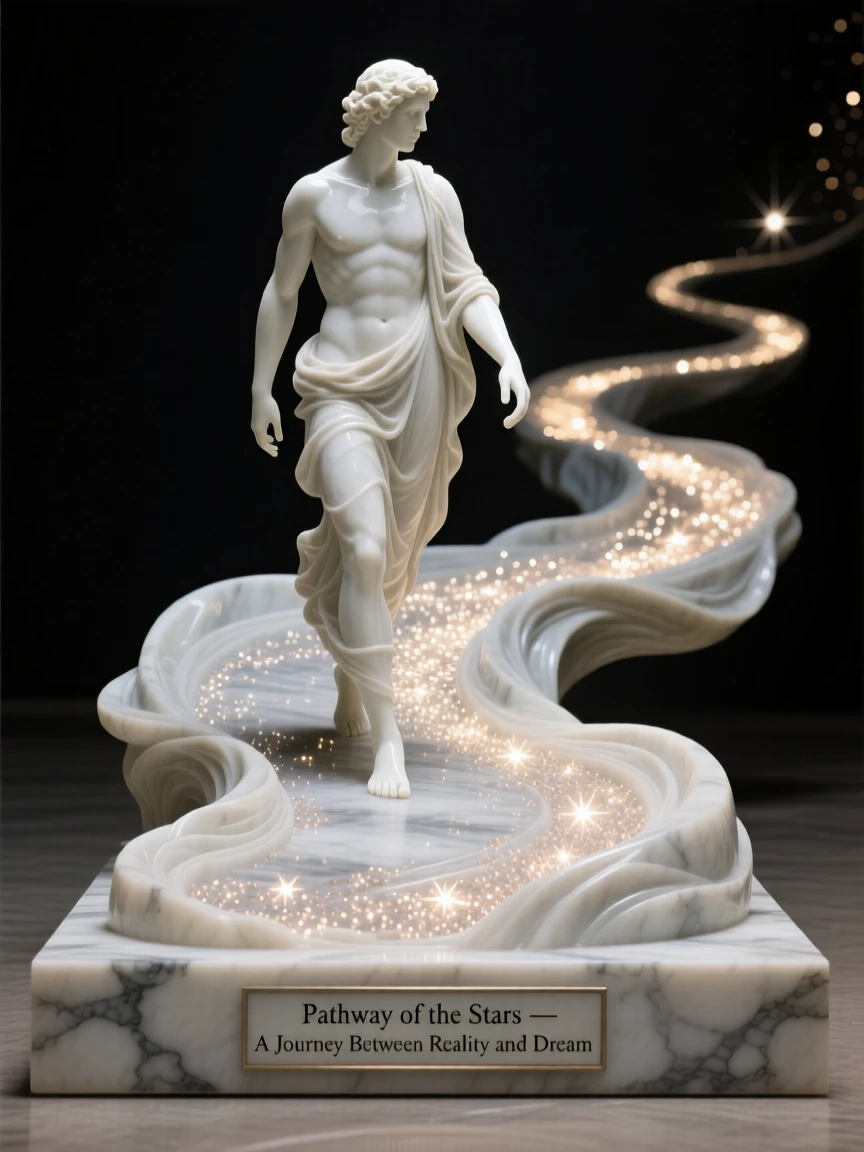 A striking, imaginative composition featuring a figure walking a path made of glowing stardust, blending realism with dreamlike wonder