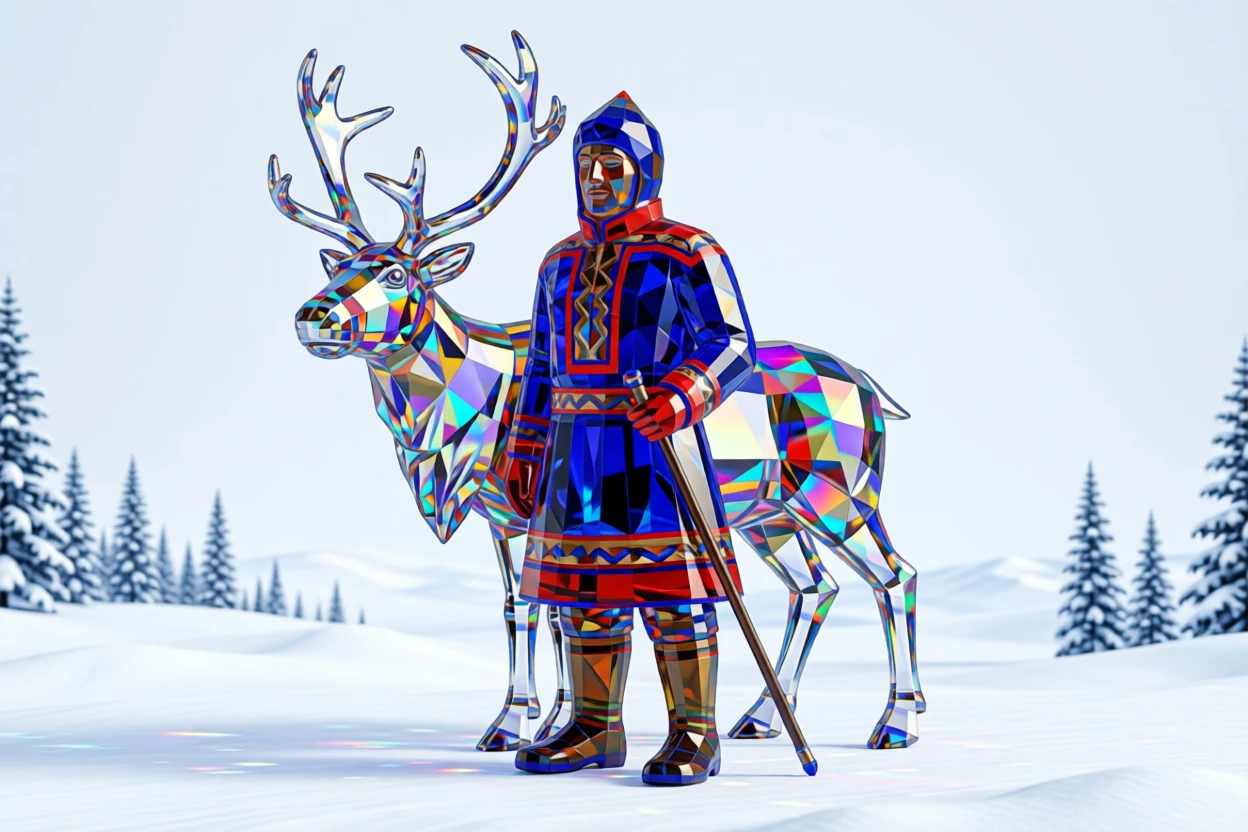 A traditional Sami reindeer herder standing amid a snowy Arctic landscape.
