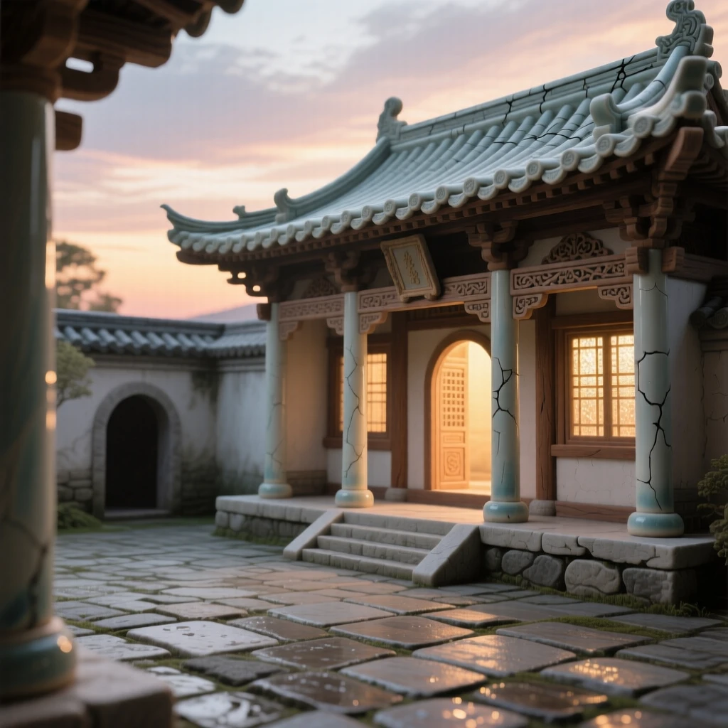 A serene temple courtyard at dawn standing majestically against a dramatic sky, its windows glowing warmly from within, radiating peaceful, storybook charm.
