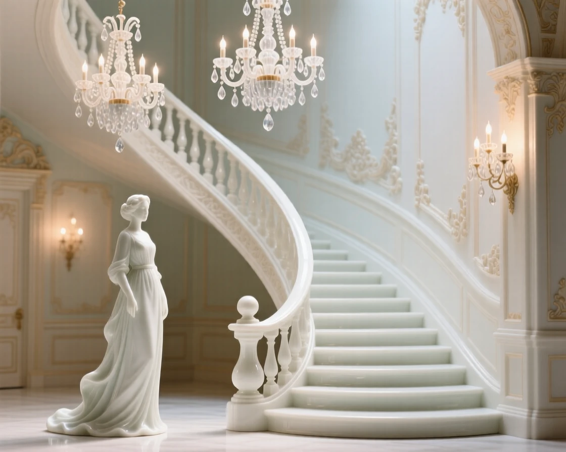 The ornate interior of a palace's grand staircase, chandeliers casting warm light across the room.