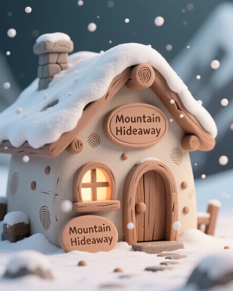 A hidden mountain cabin with a single lit window in falling snow