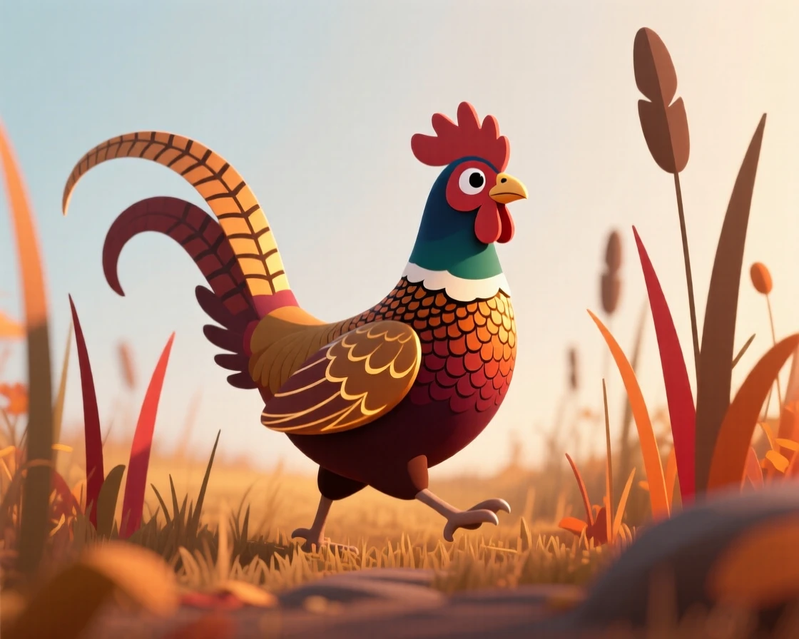 A colorful rooster-tailed pheasant struts through tall autumn grass, feathers shimmering copper and gold in the low sun.