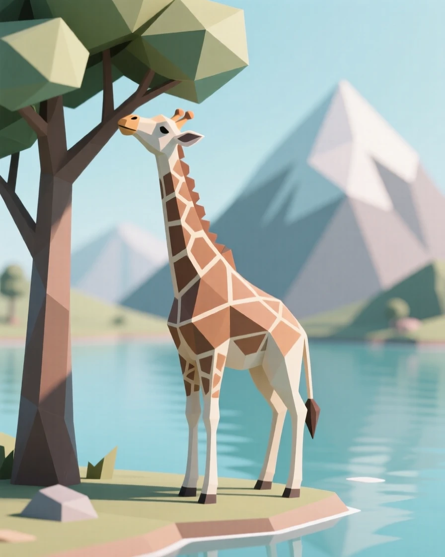 A giraffe reaching into the treetops, beside a crystal-clear mountain lake. the background gently blurs to keep focus on the subject. It captures a fleeting moment of freedom.