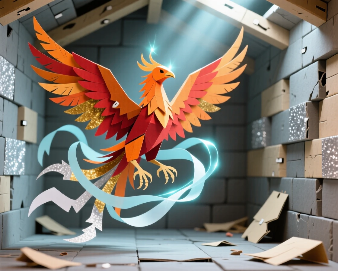 A phoenix in mid-flight summoning glowing magic within a stone chamber, with a shimmering magical aura surrounding the figure, capturing dramatic tension and adventure.