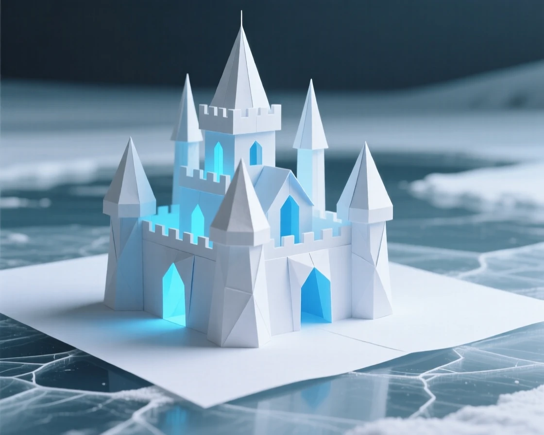 A castle rising from the center of a frozen lake, its towers glowing faintly blue.