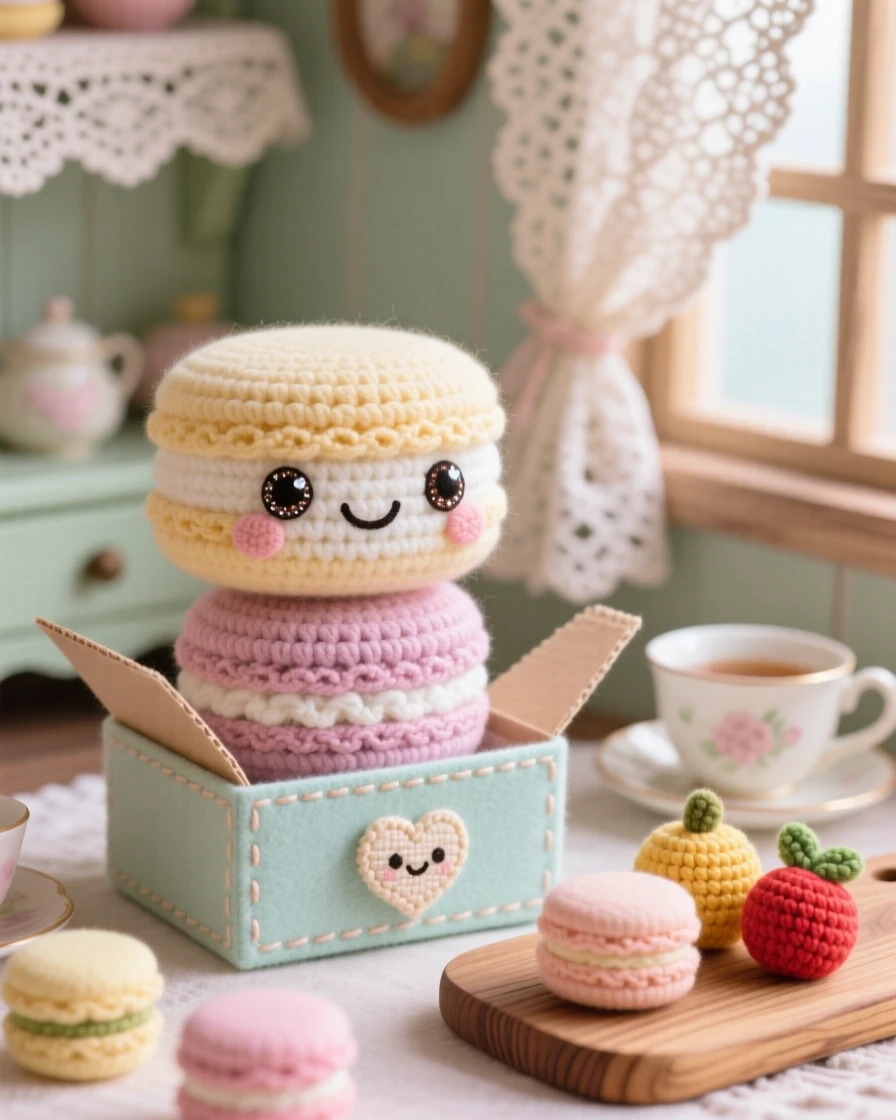 A delightful still-life of a cheerful macaron character in a soft pastel shell, stacked neatly in a small paper box within a charming tea room with lace curtains; a rustic wooden serving board nearby, full of bright, appetizing cheerfulness.