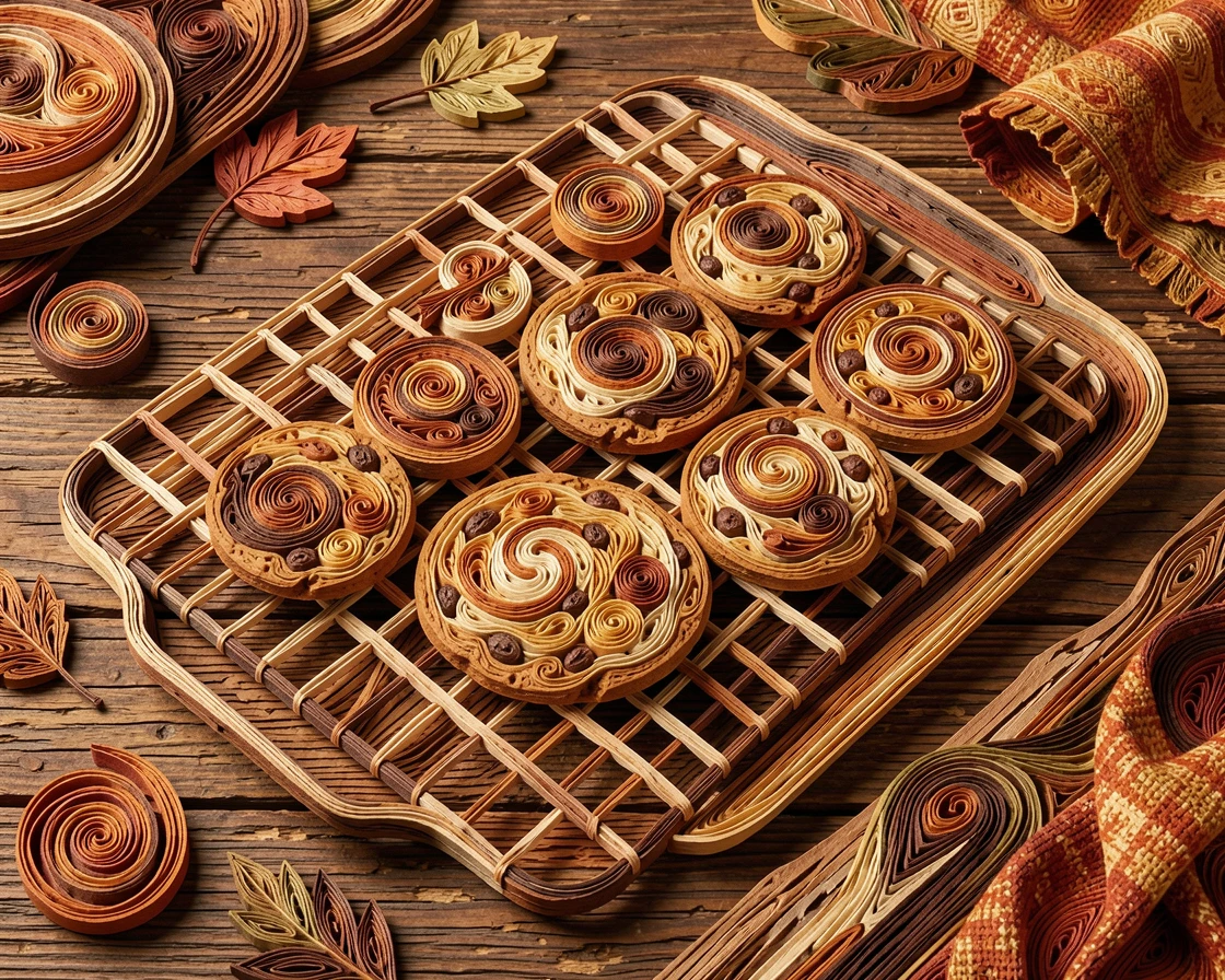 a tray of freshly baked cookies cooling on a rack, on a rustic wooden farmhouse table, arranged with rustic textures adding warmth, in cozy autumnal tones of rust and brown.