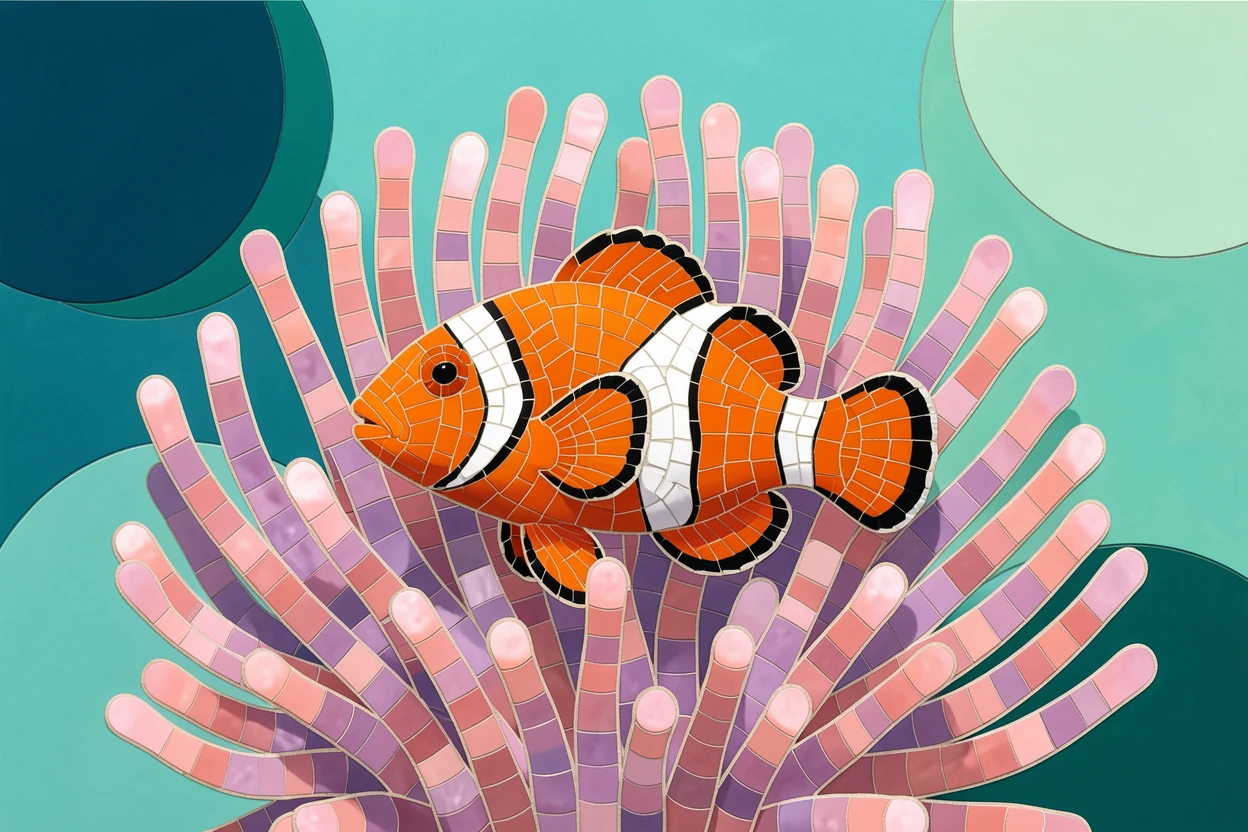 A clownfish nestled among the tentacles of a sea anemone.