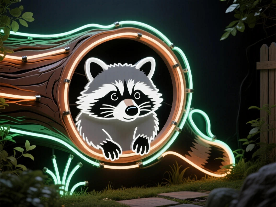 a raccoon peeking from a hollow log in a quiet backyard garden.