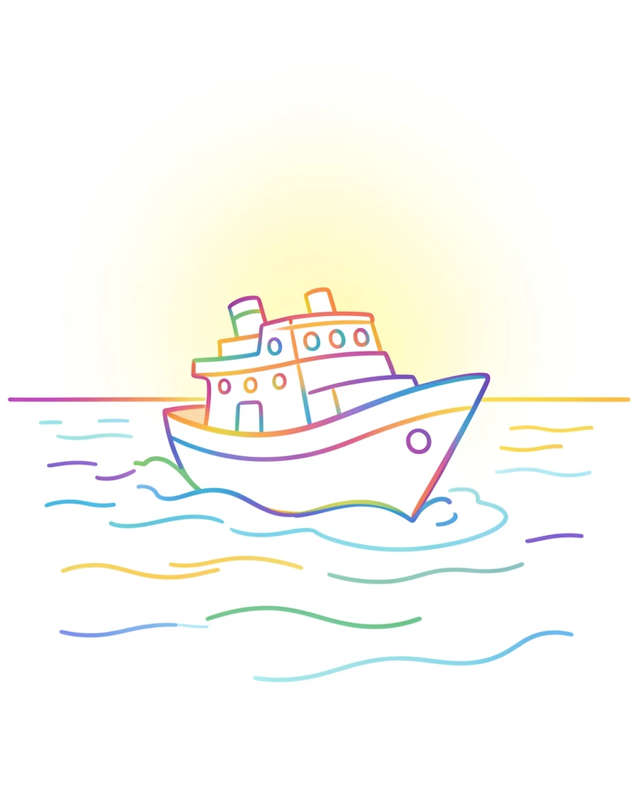 A ship sailing steadily through calm waters toward a glowing horizon.