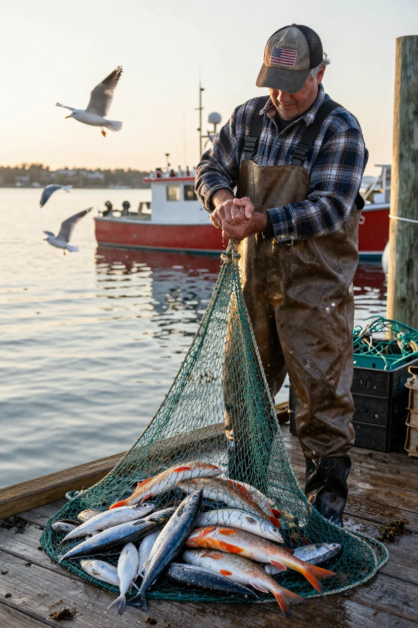 A fisherman hauling in a net full of fresh catch