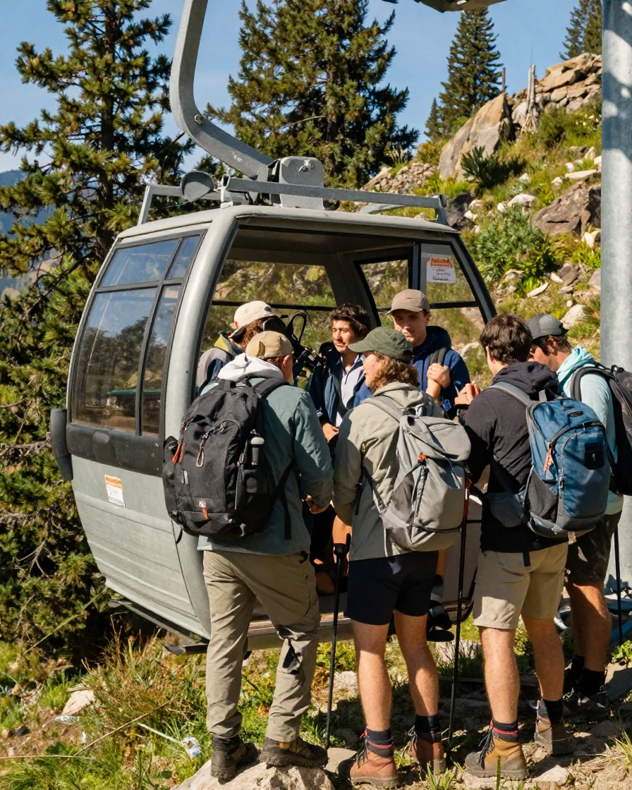 A group of hikers boards a small mountain cable car with backpacks and trekking poles.