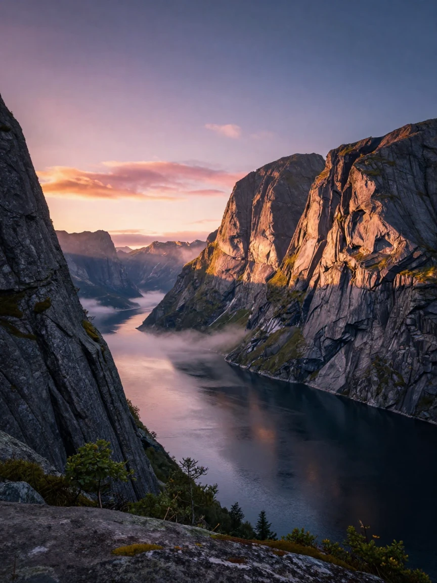 A dramatic fjord carved between towering cliffs at the break of dawn