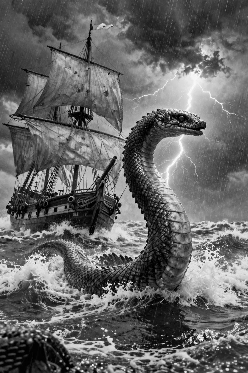 An ancient sea serpent surfaces beside a storm-tossed ship amid a raging ocean storm.