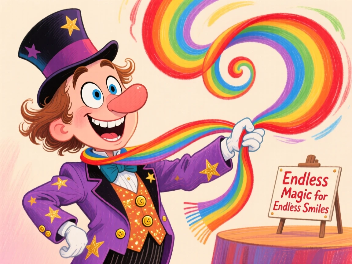 A children's magician pulling a colorful scarf endlessly from his sleeve.