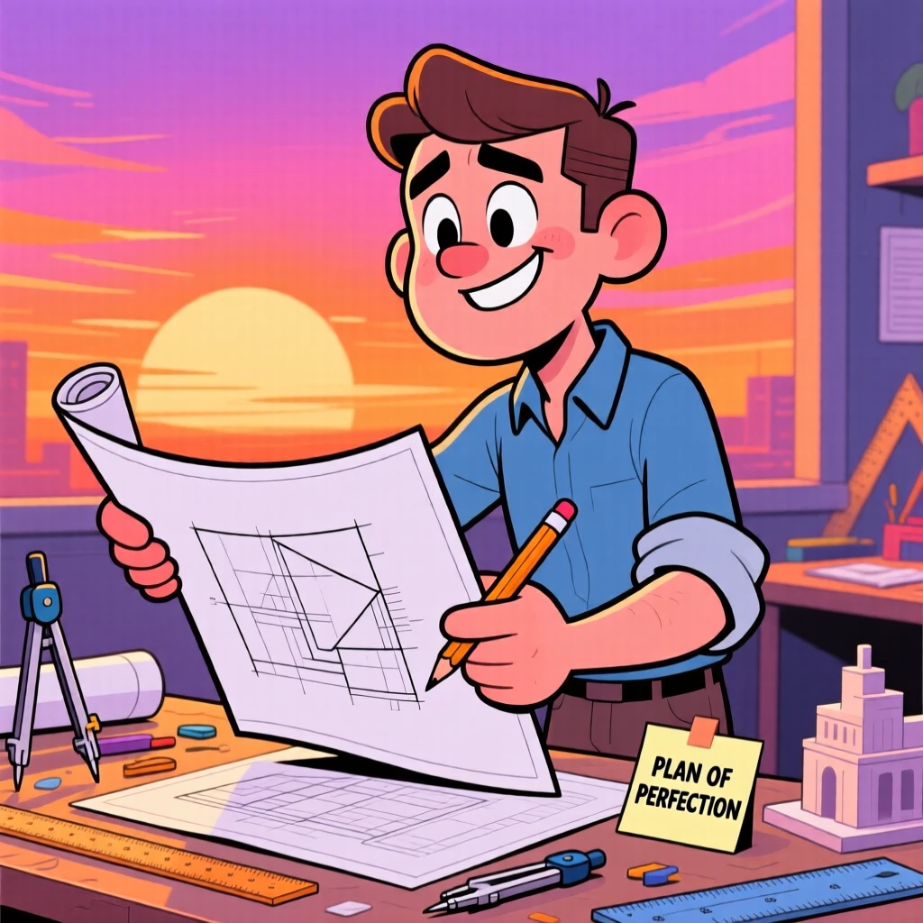 A vibrant profession-themed portrait of a meticulous architect mid-task with sleeves rolled up and tools in hand, as the sun sets behind the workplace.