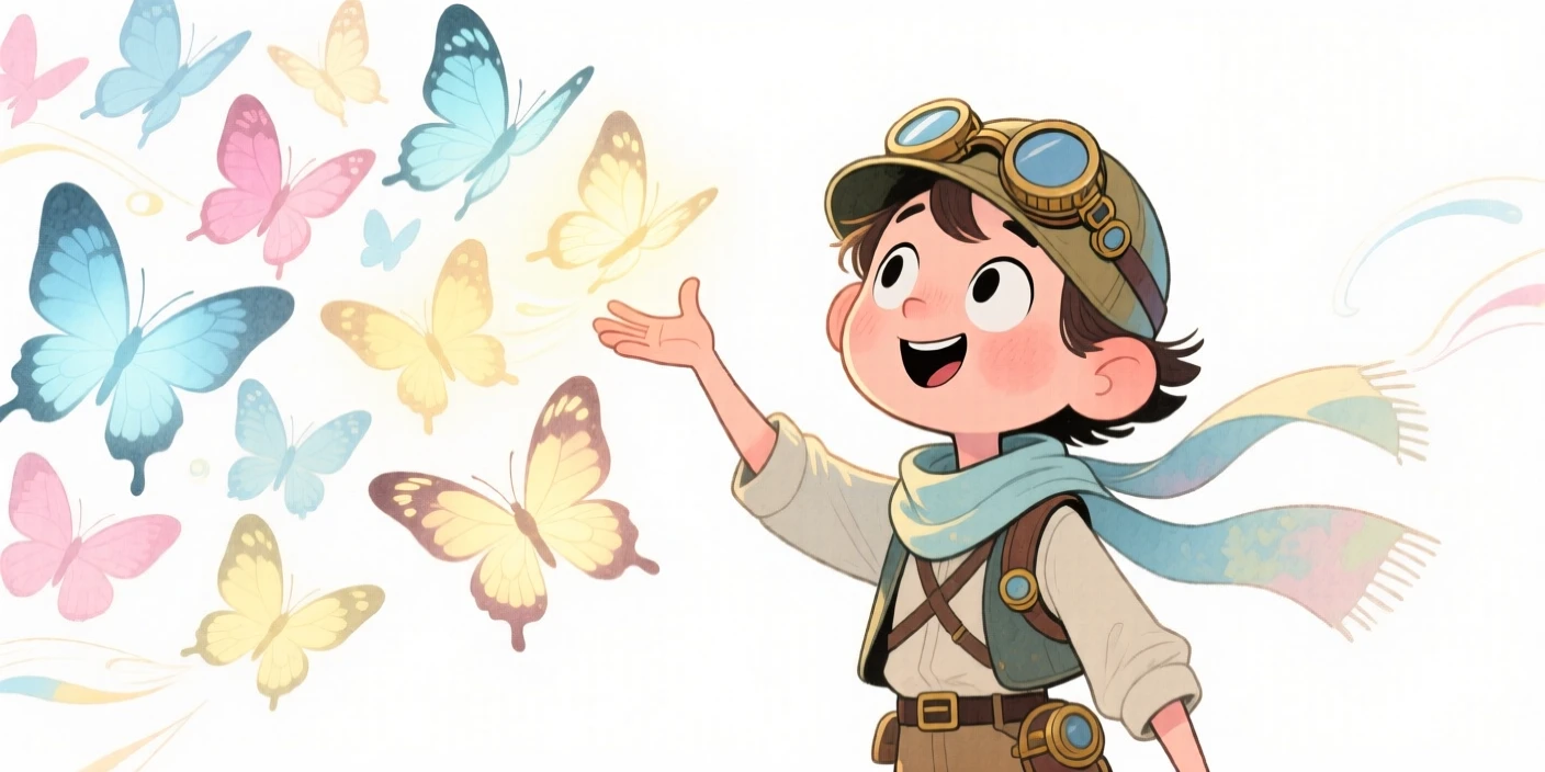 A time-traveling adventurer summoning a flock of glowing butterflies