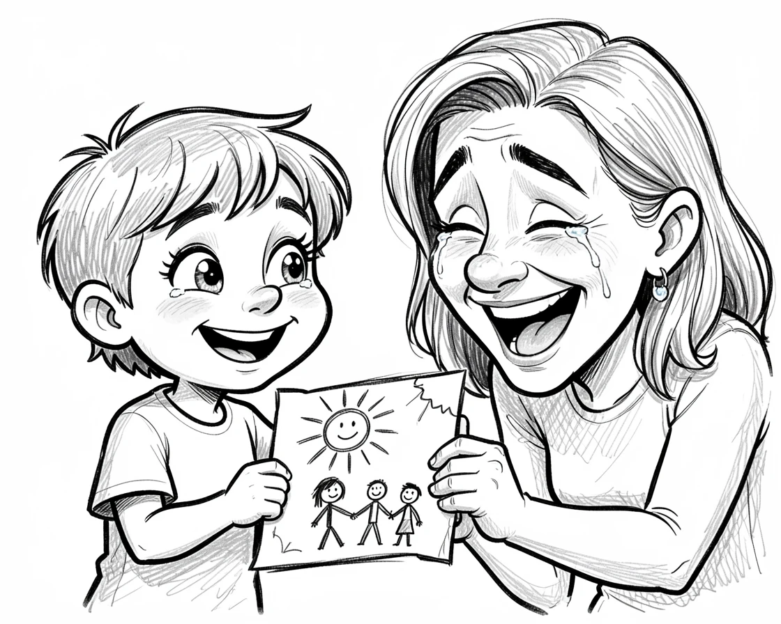 [Inspirational & Emotional Scenes] Touching, uplifting scene of a child proudly showing off a wobbly first drawing to a beaming parent, evoking deep emotion