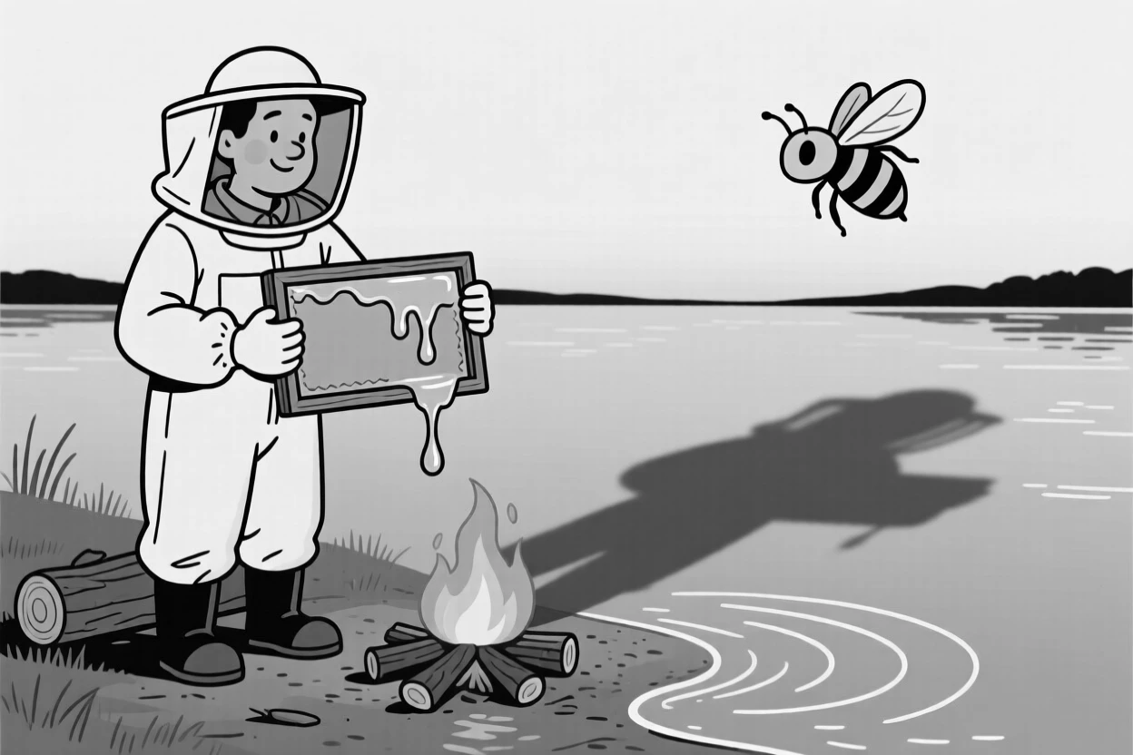 A beekeeper gently cradling a frame dripping with honey, casting a long, dramatic shadow across the water, set around a crackling campfire. Ripples spread outward across the still water. It radiates the down-to-earth charm of life outdoors.