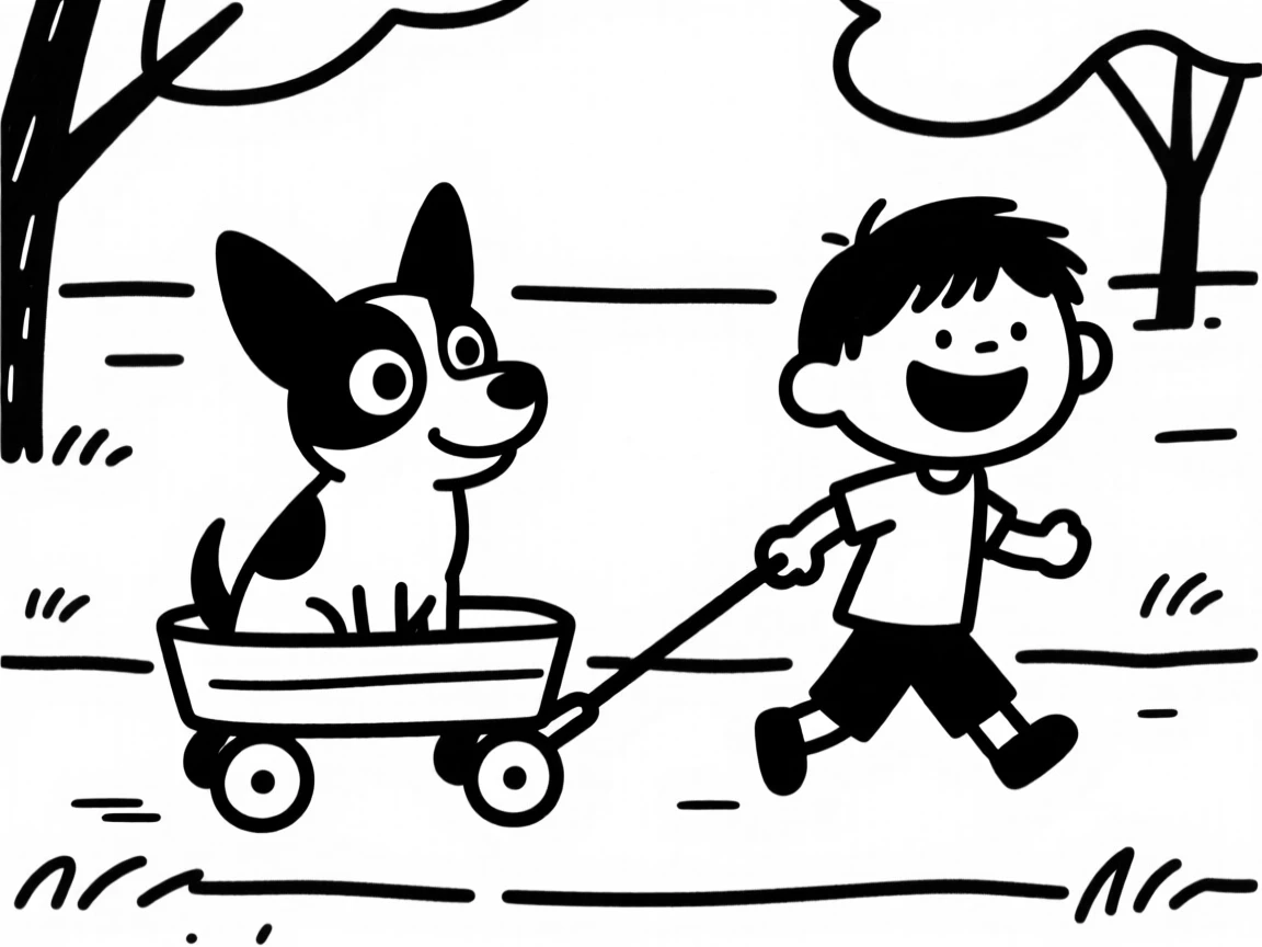 A chihuahua sitting in a wagon being pulled through a park by a delighted kid.