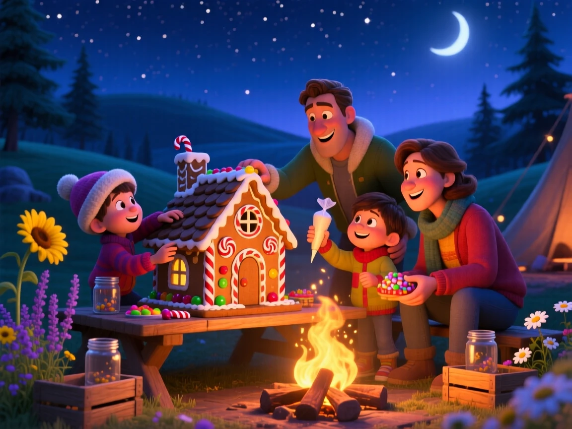 A family building a gingerbread house together happens around a crackling bonfire under a starry sky, with fresh flowers decorating every table. A cozy, cheerful spirit radiates through the moment.