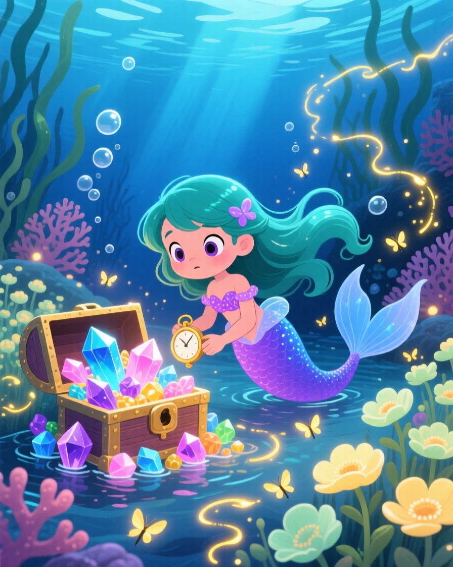 A curious mermaid pauses from guarding a treasure of glowing crystals to marvel at a field of luminous flowers, with fireflies weaving glowing trails.