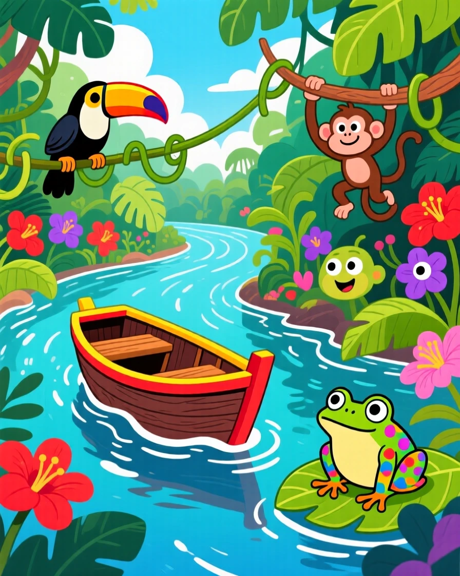 A boat drifting along the winding Amazon River through dense jungle.
