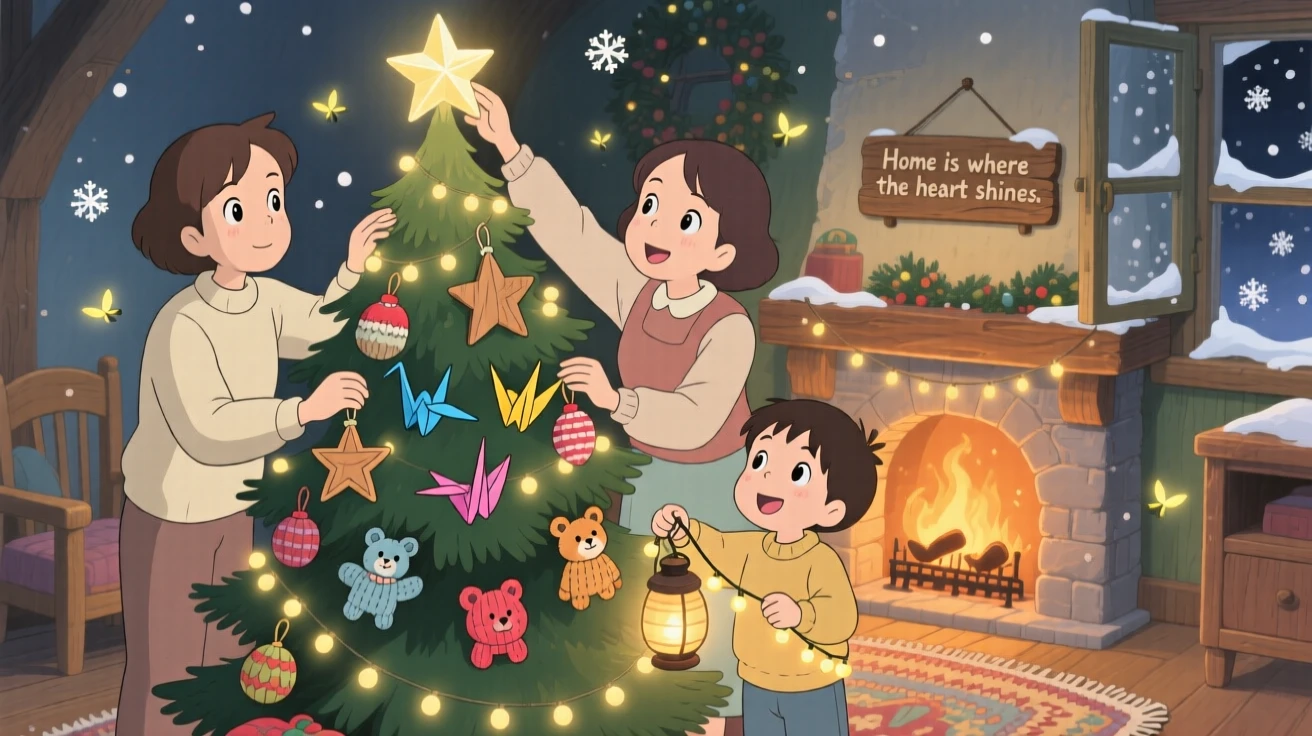 A family decorating a Christmas tree together, the scene peacefully content.