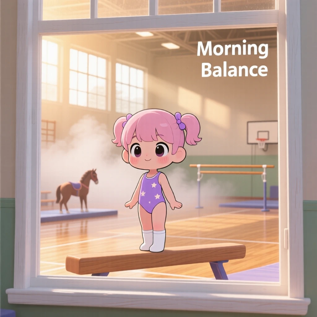 Framed through a window: a young gymnast, balancing on a low wooden beam, set against a bright gymnasium on a misty foggy morning, with soft golden-hour sunlight and a mood of peaceful calm.
