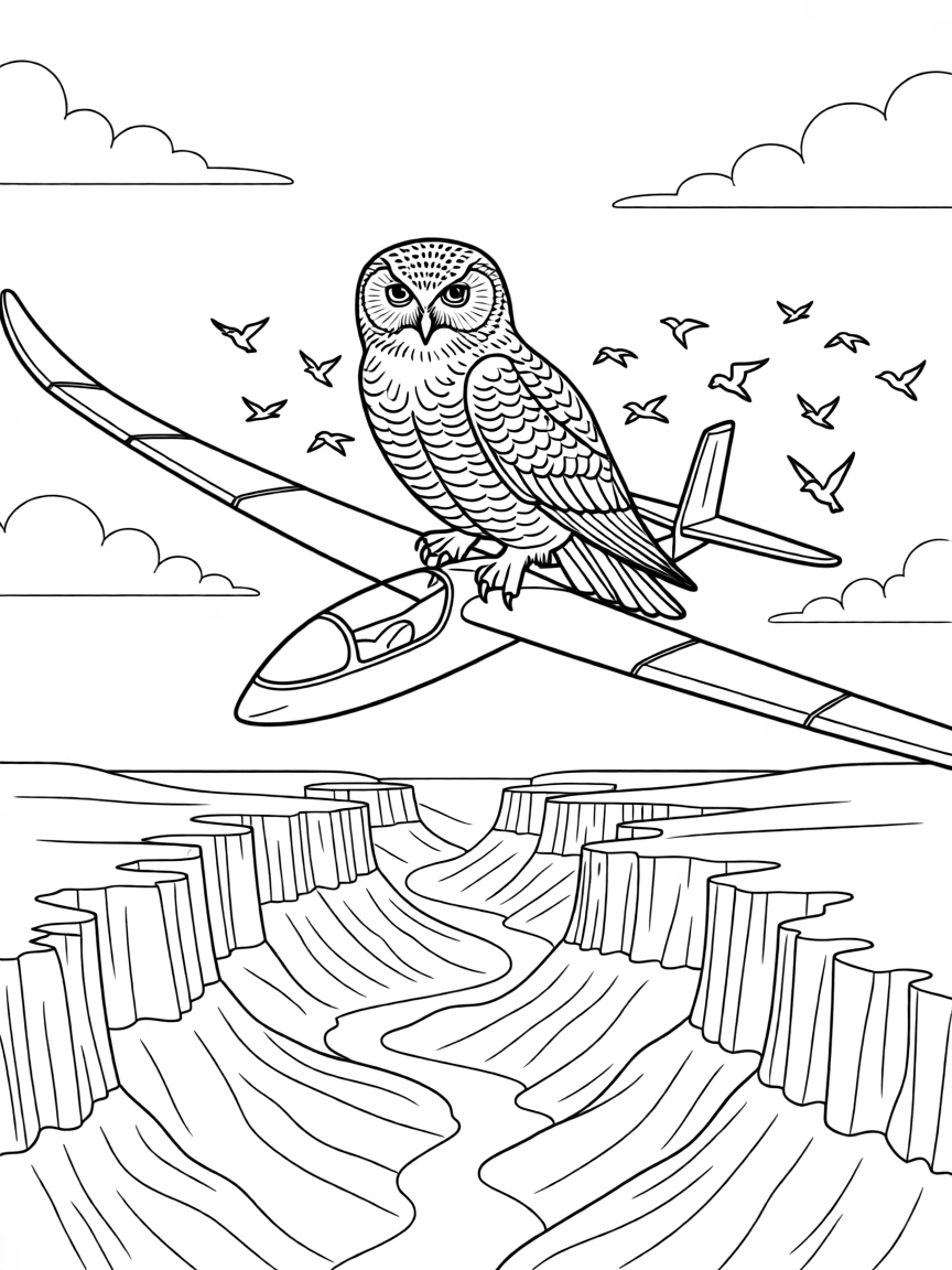 A snowy owl riding a thermal above a canyon, with a flock of small birds scattering nearby.