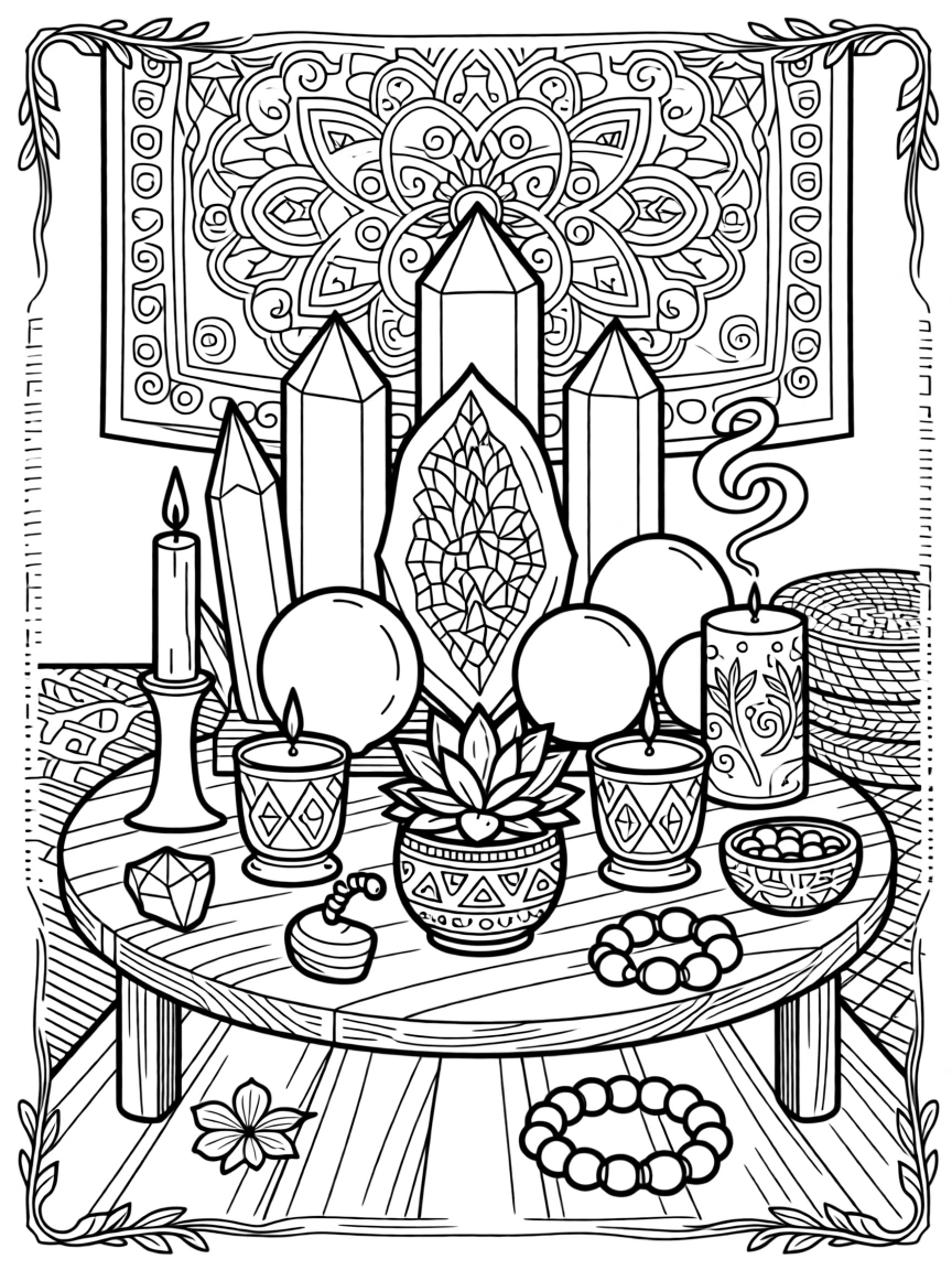 A meditation altar with crystals, candles, and a small potted succulent.