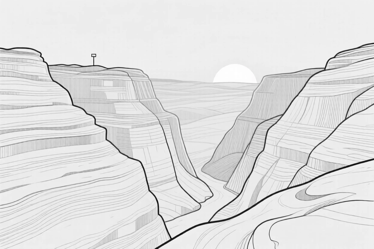 A desert canyon with layered rock formations glowing at sunset