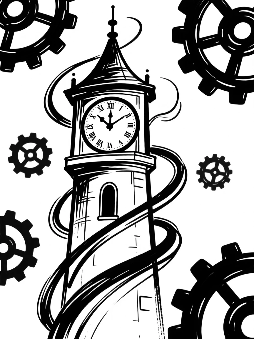 A magical clock tower with gears that glow and float freely in the air.