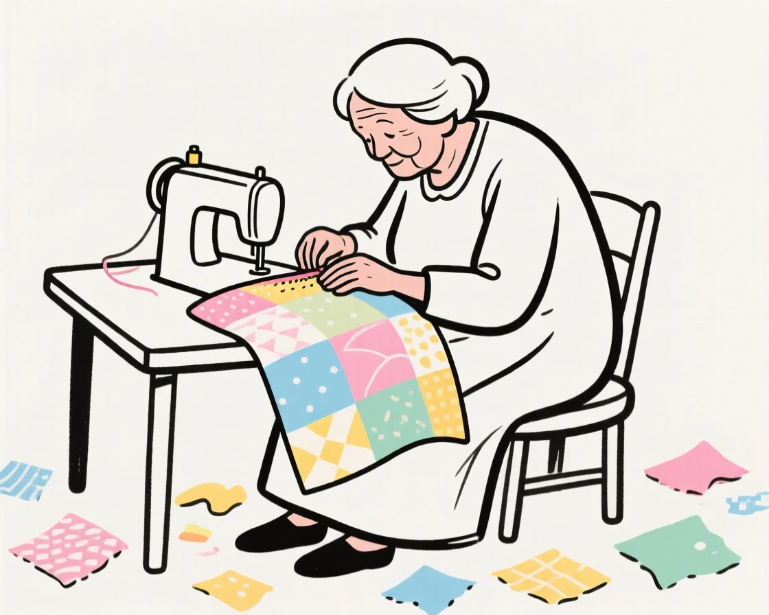 A grandmother sewing a quilt surrounded by colorful fabric scraps.