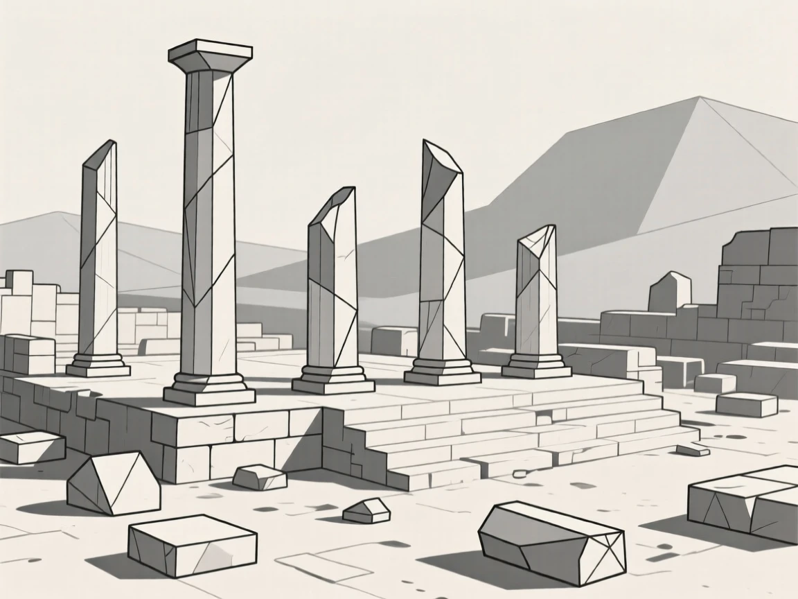 A ruined Roman forum with scattered marble columns