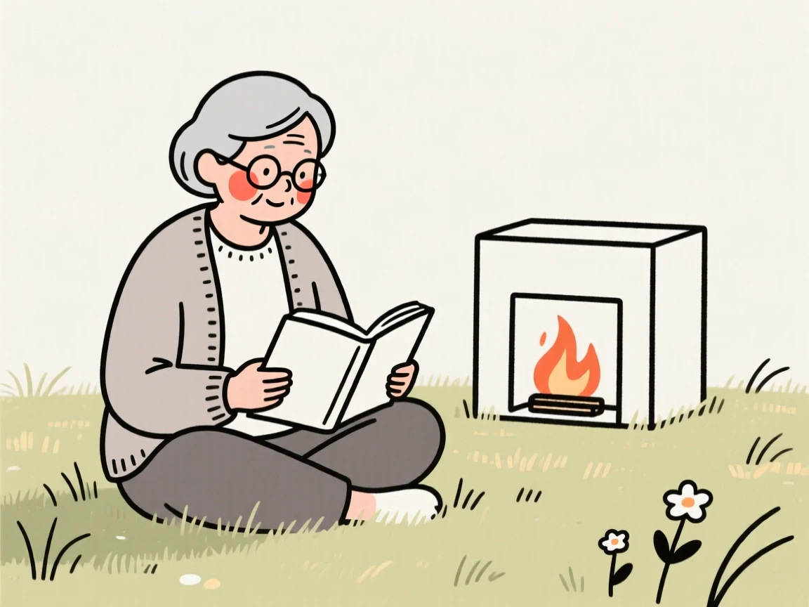 An elderly woman reading a book by a fireplace, in a sunlit meadow.