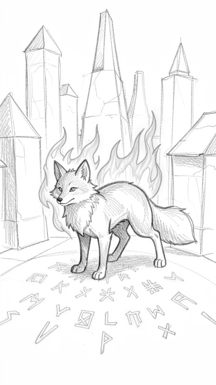 A magical, imaginative vision of a spirit fox with glowing blue flames within a city carved from luminous stone, with ancient runes glowing faintly on the ground.