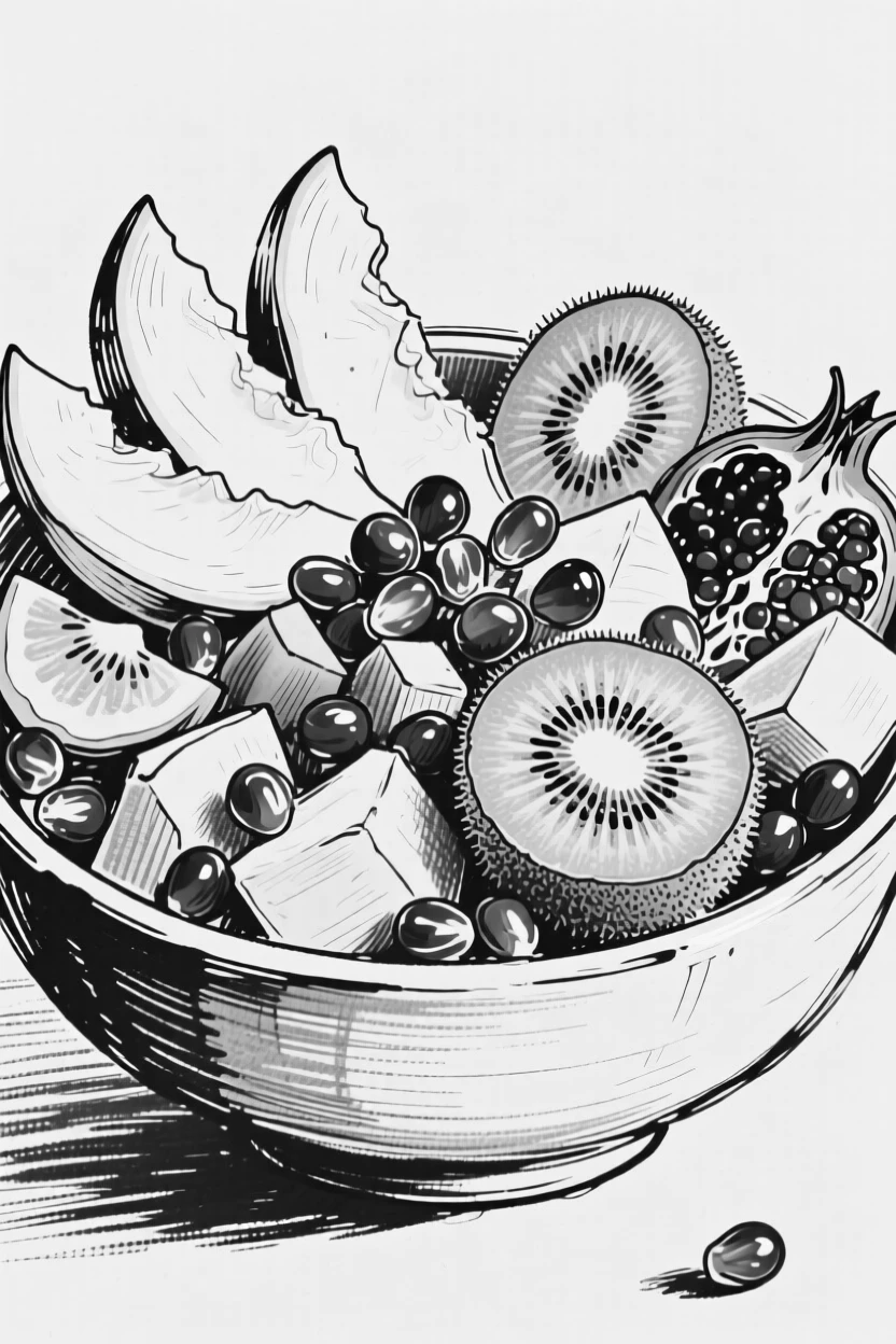 A colorful bowl of fruit salad arranged with mango, kiwi, and pomegranate seeds.