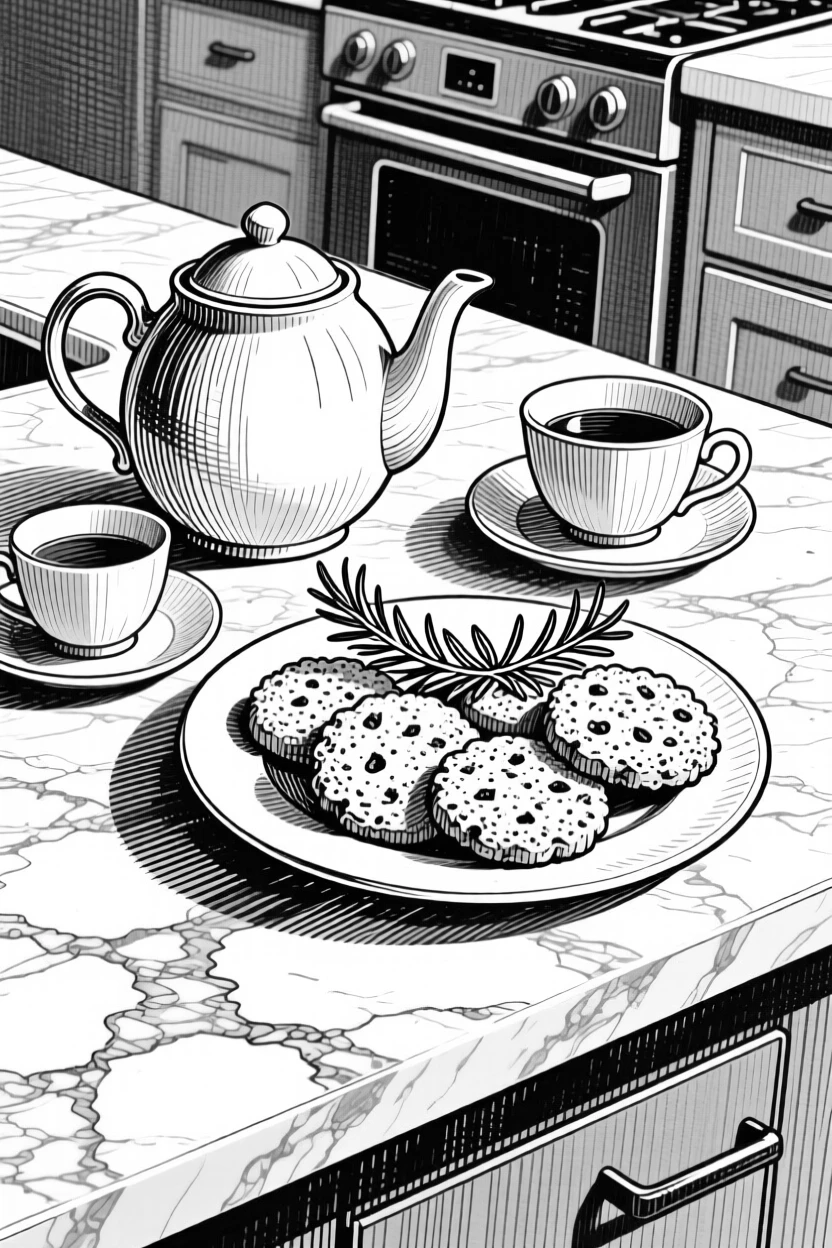 A tea set with a plate of biscuits arranged on a marble kitchen counter, with a sprig of herbs used as garnish, presented in an indulgent and delightful culinary still life.