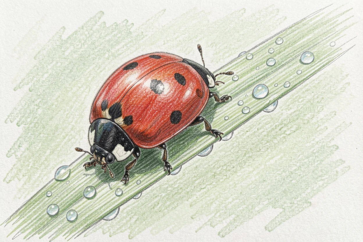 A ladybug resting on a dew-covered blade of grass, with a gentle play of light and shadow across the composition, full of charm, emotion, and visual delight.