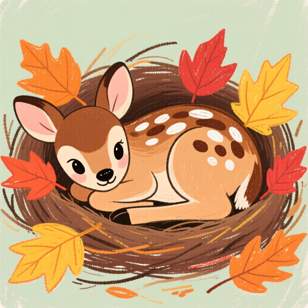 A spotted fawn curling up in a nest of dry leaves for winter.