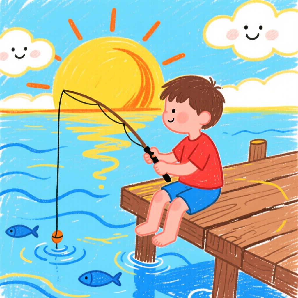 A boy fishing quietly from a wooden dock at sunrise.