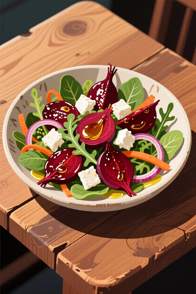 A colorful salad with roasted beets and goat cheese, set on a rustic wooden table, shown from a slight angle to highlight layers, with glossy highlights that make the dish look freshly made.