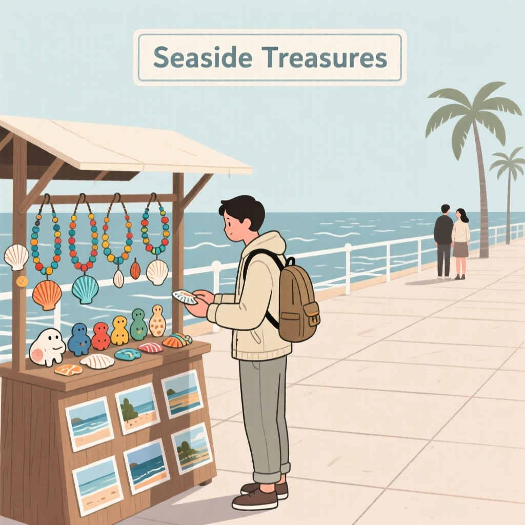A traveler shopping for souvenirs near a seaside promenade.