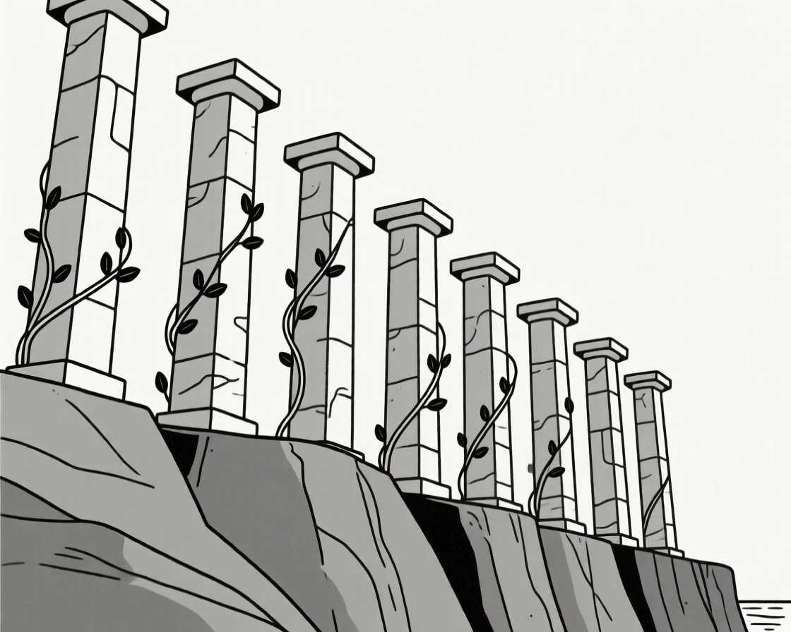 A view looking up at a colonnade of stone pillars from a coastal cliffside, with climbing ivy in frame, evoking architectural harmony.