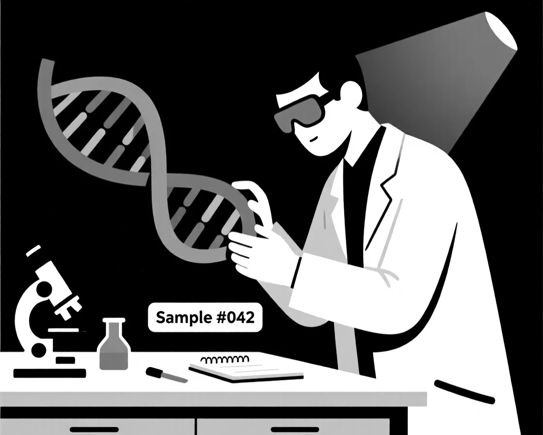 A geneticist studying a strand of DNA under blue light.