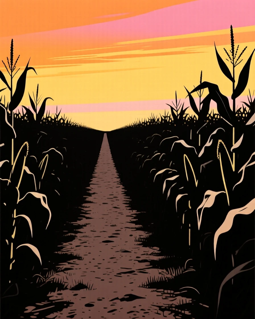 A single dirt path cutting straight through an endless cornfield.