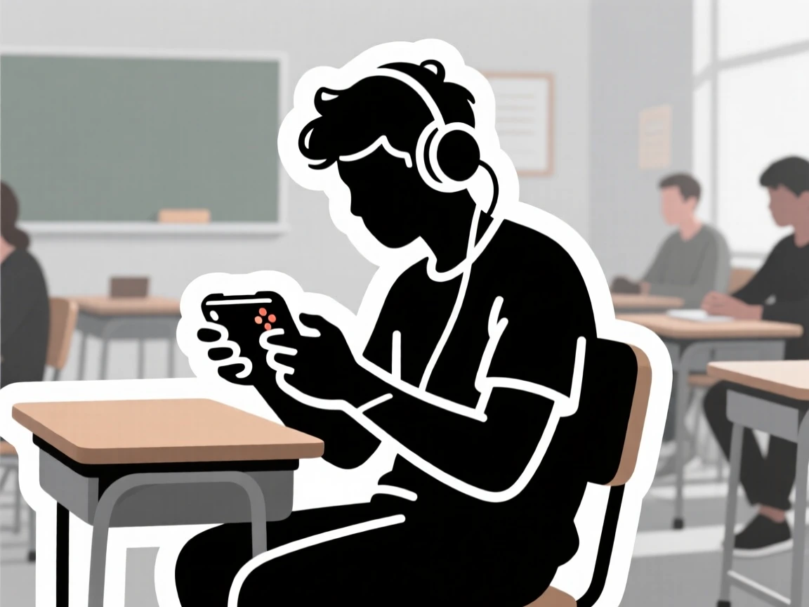A peacefully immersed gamer focused intently on a handheld console, captured mid-motion during their favorite activity, in a small community class setting.