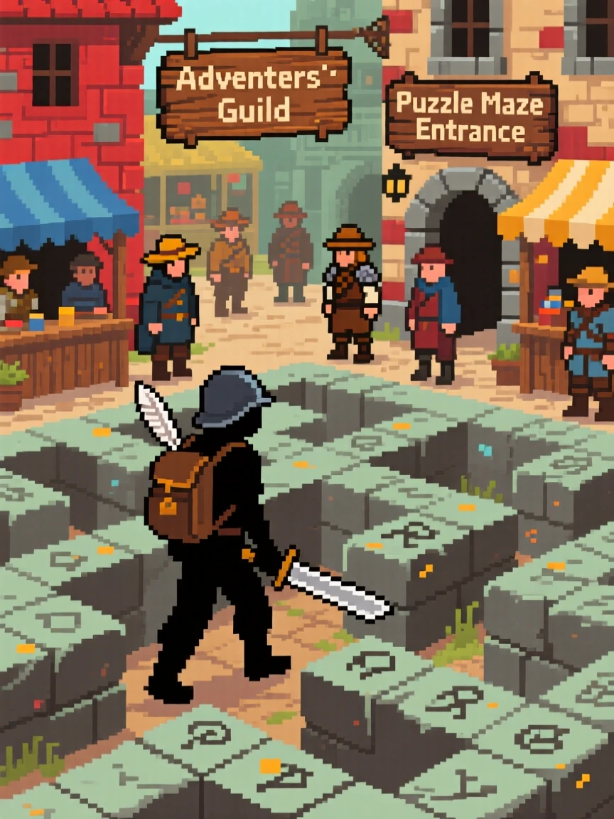 A dungeon explorer navigating a maze of ancient stone puzzles, in a bustling adventurer's guild town.